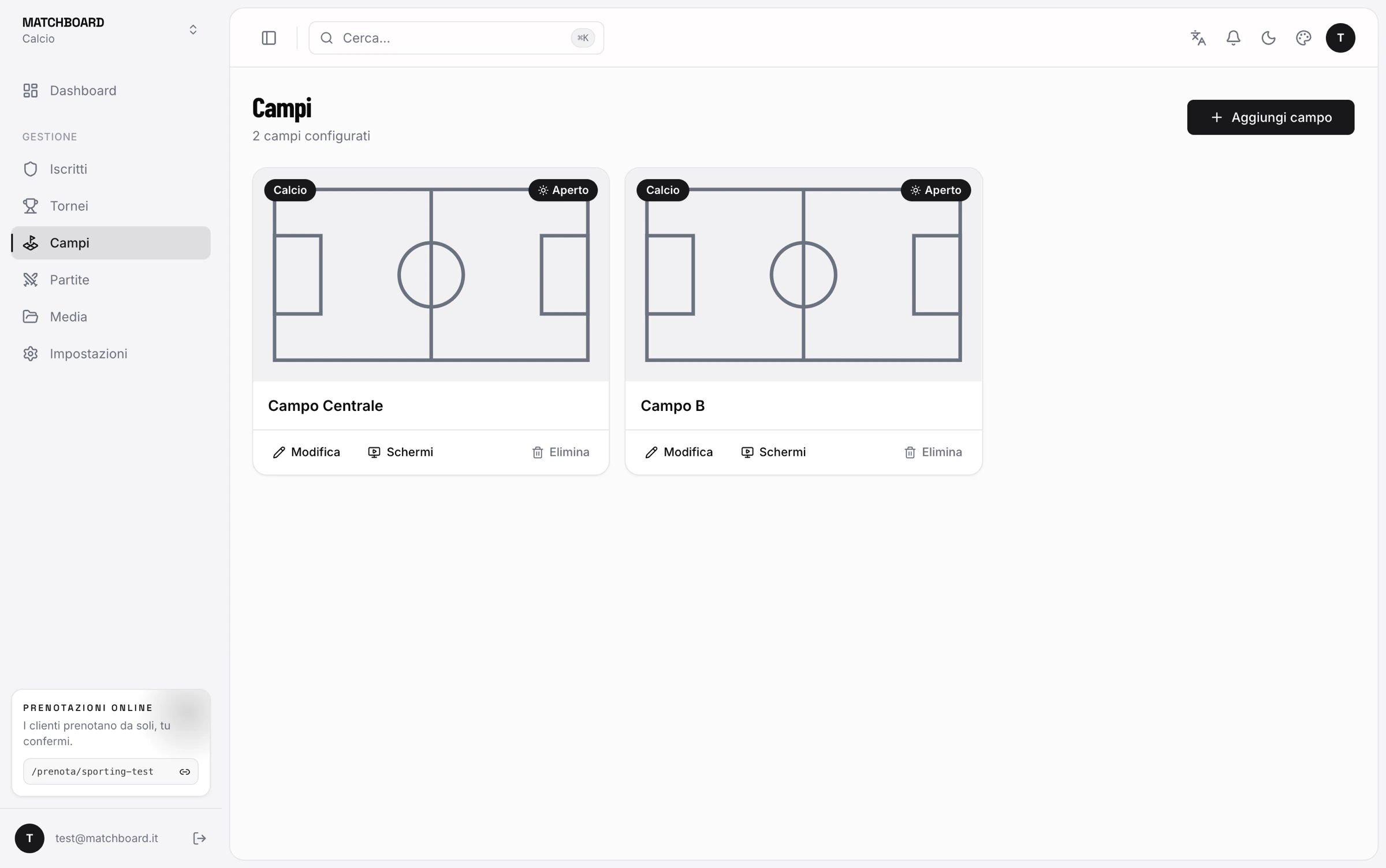 Gestione campi: card dei campi configurati con sport e schermi collegati