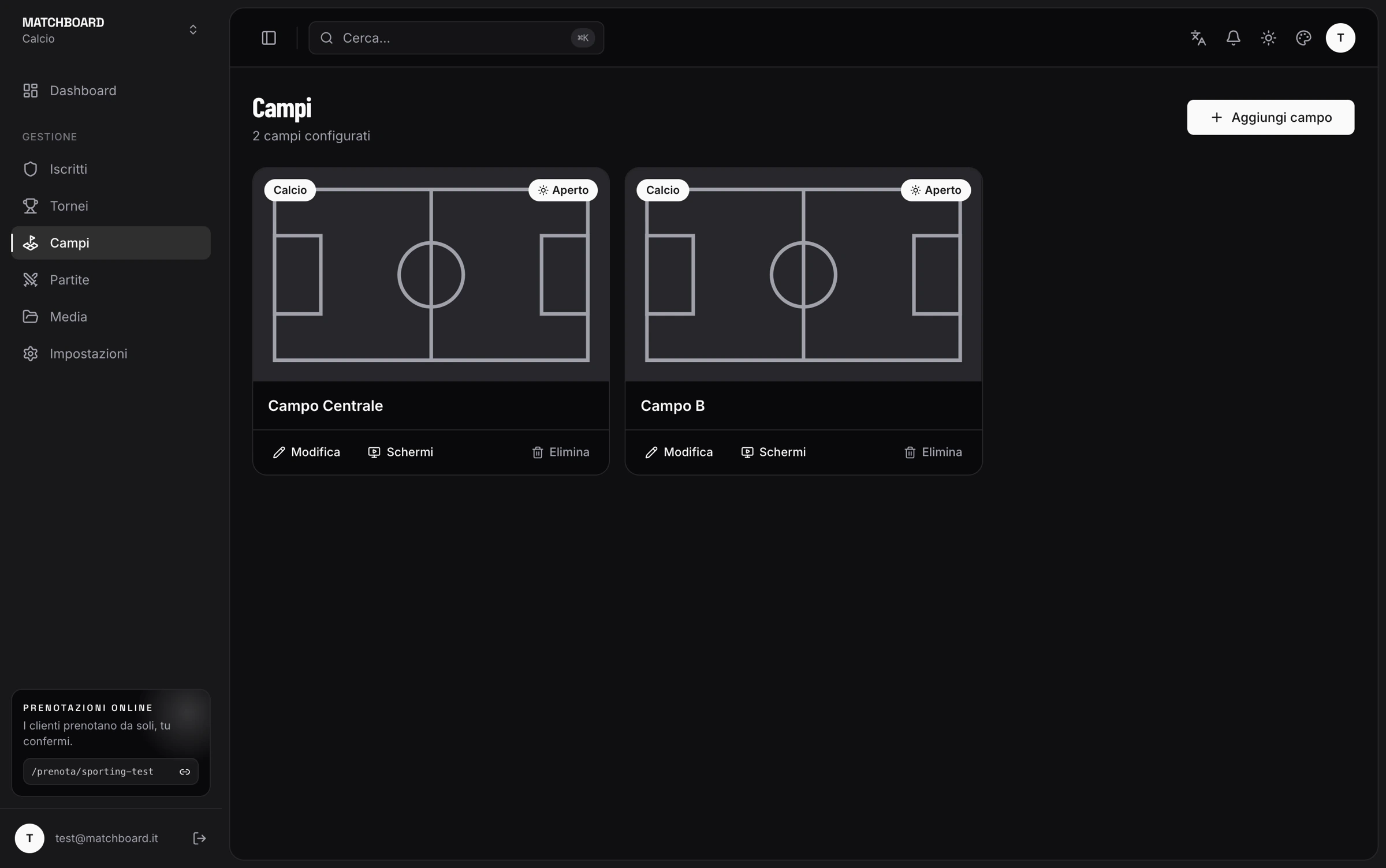 Gestione campi: card dei campi configurati con sport e schermi collegati