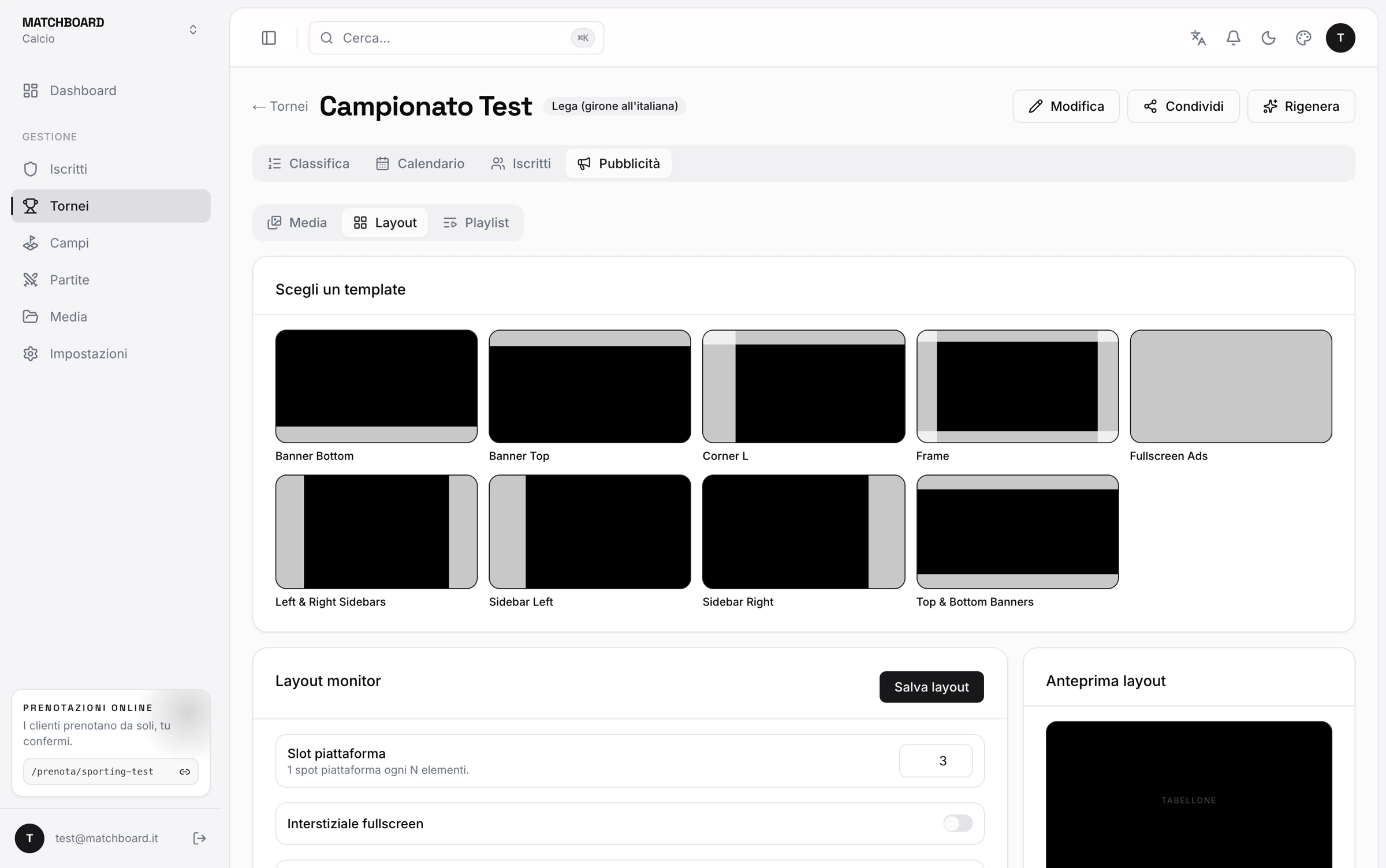 Gestione pubblicità: scelta del template di layout e anteprima del tabellone