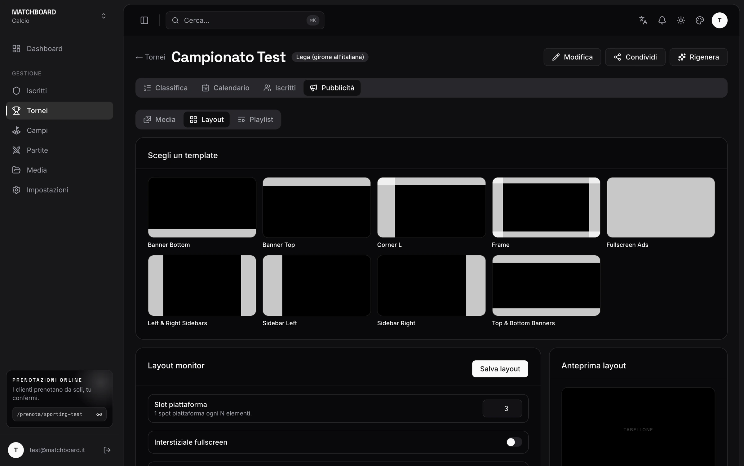 Gestione pubblicità: scelta del template di layout e anteprima del tabellone