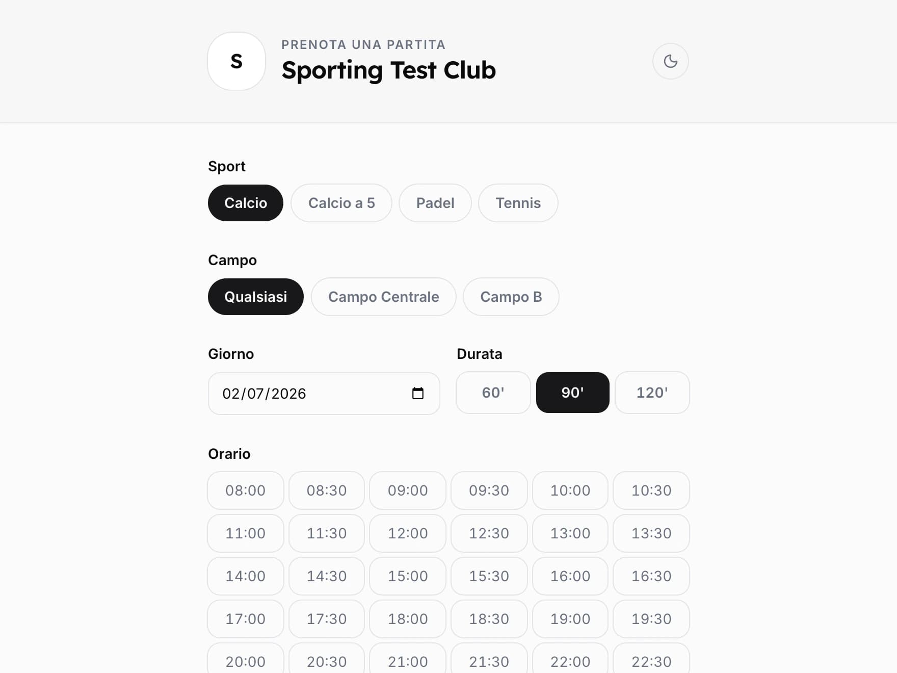 Pagina pubblica di prenotazione: scelta di sport, campo, giorno, durata e orario