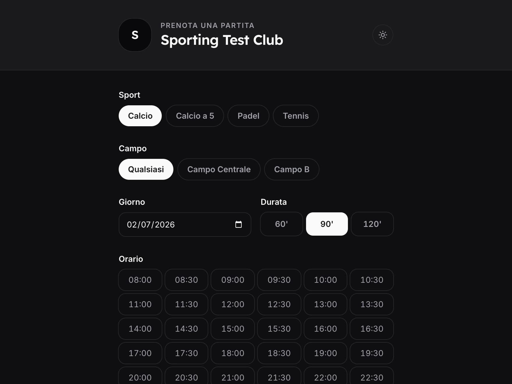 Pagina pubblica di prenotazione: scelta di sport, campo, giorno, durata e orario