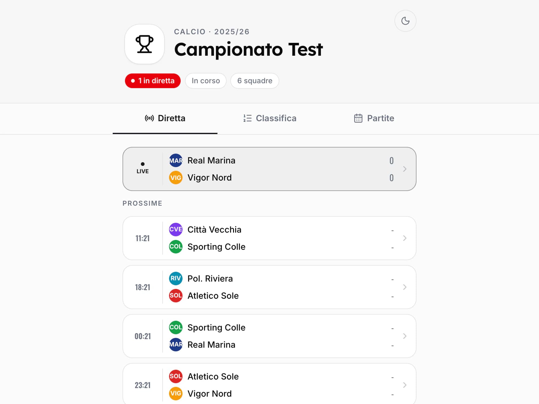 Pagina pubblica del torneo con partita live, prossimi incontri e classifica