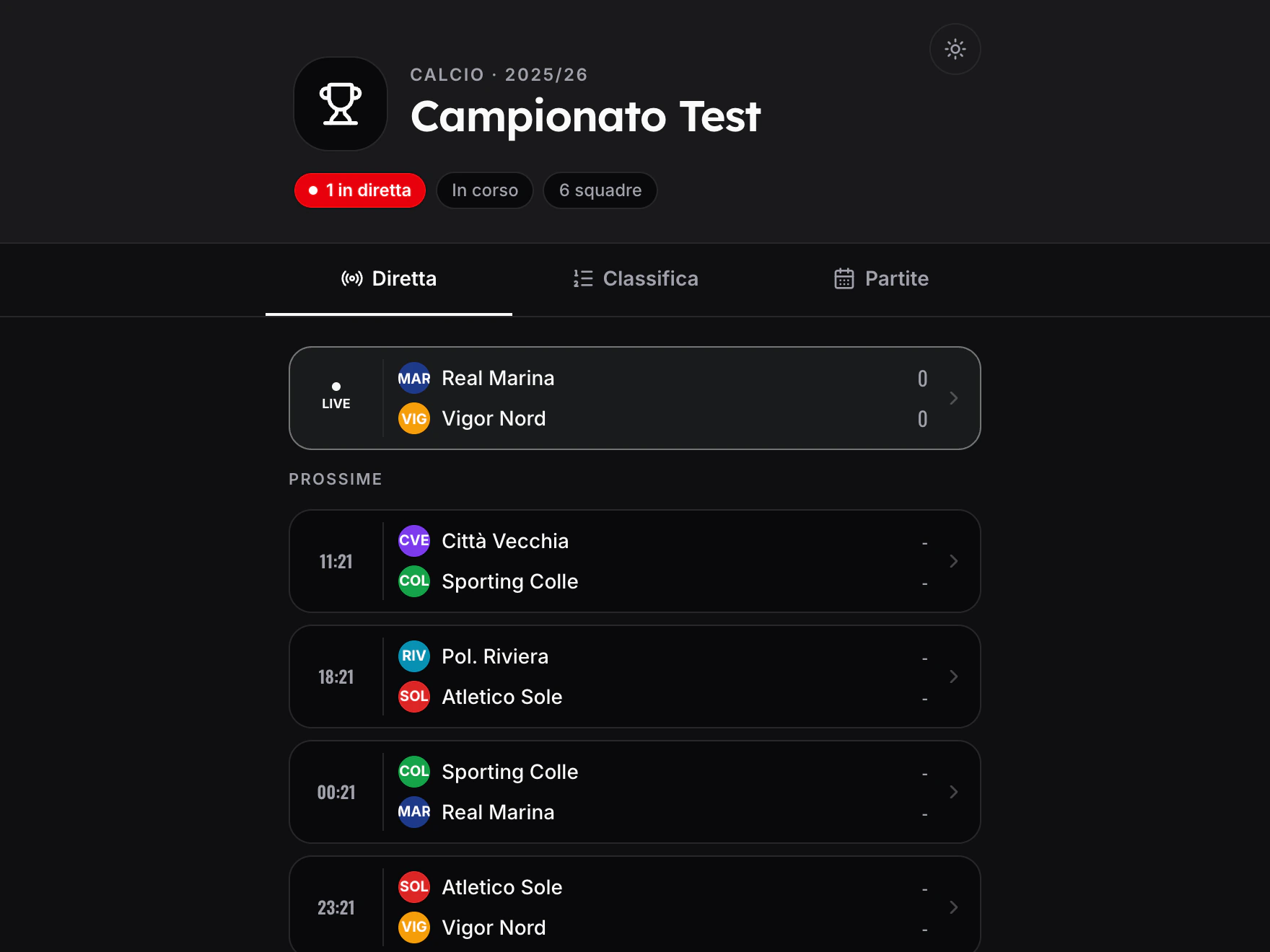 Pagina pubblica del torneo con partita live, prossimi incontri e classifica